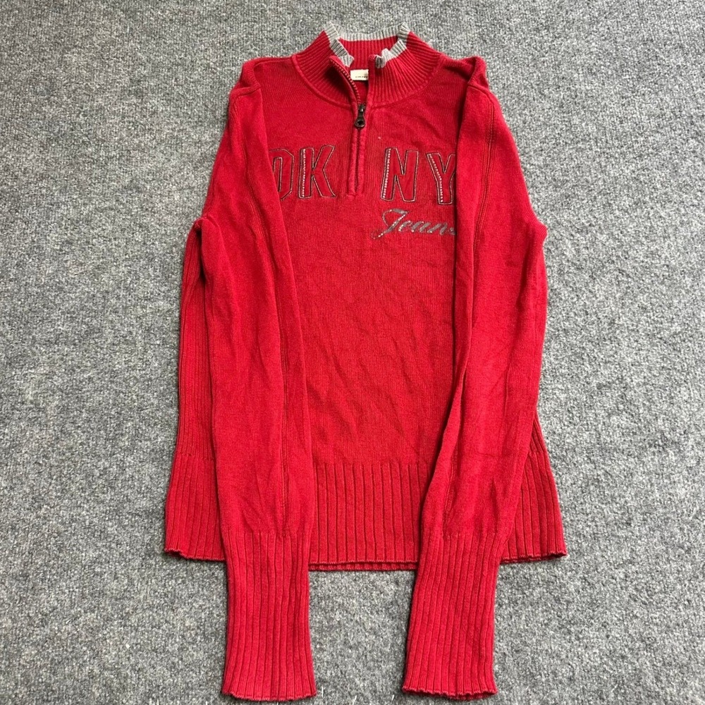 DKNY Jeans Sweater Womens Size M Red Quarter Zip Embroidered Cotton Long Sleeve